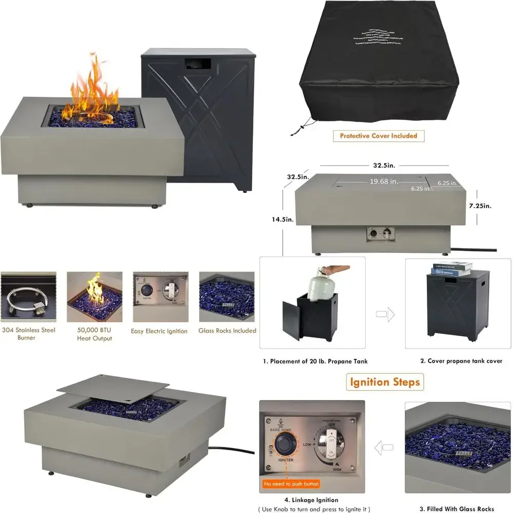 

Яма для костра на пропане, открытый дворик, квадрат 32,5 дюйма, 50 000 БТЕ, крышка бака 20 фунтов в комплекте