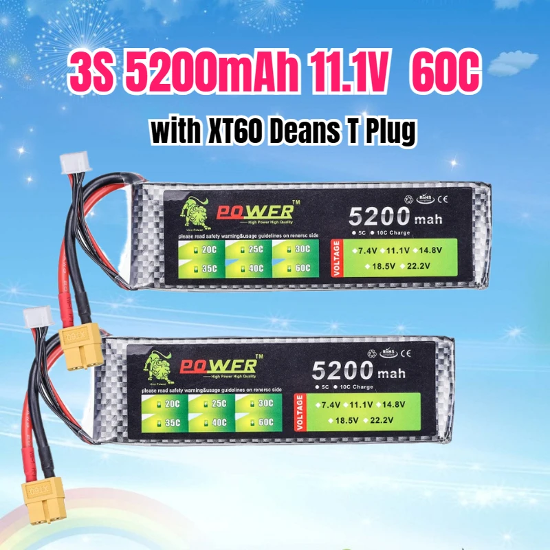 

3S 5200mah 11.1V 60C Lipo Battery RC Racing Car Boats Airplane Drone Parts Accessories with XT60 Deans T Plug 11.1V Battery