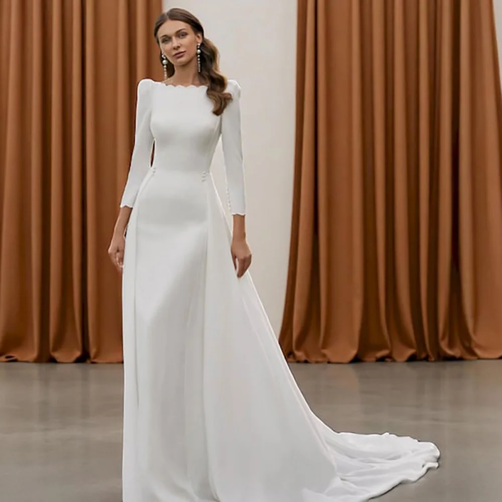 

Скромные свадебные платья 2026, винтажное простое свадебное платье с длинным рукавом и открытой спиной, со съемным шлейфом по индивидуальному заказу