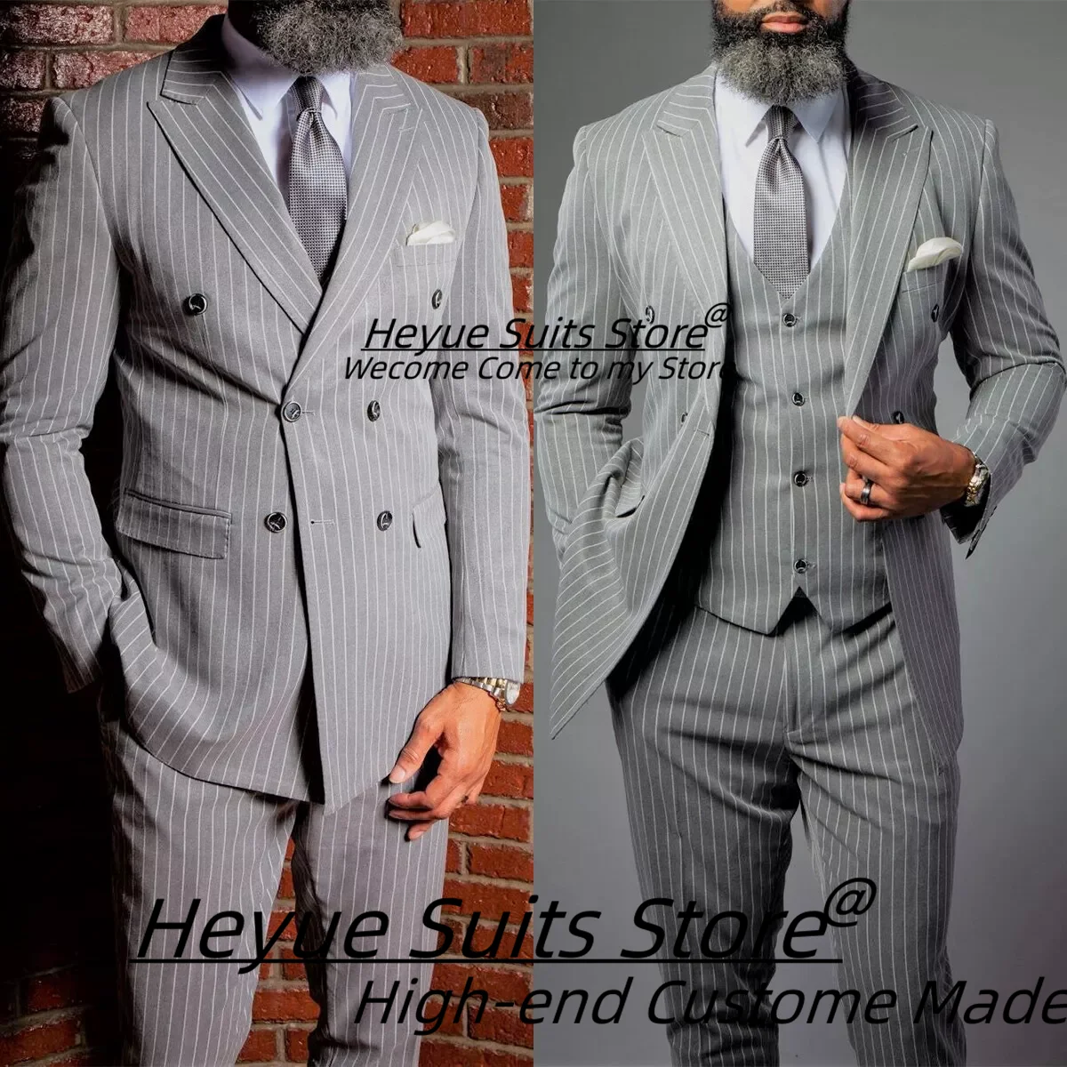 

Business Gray Stripe Men Suits Customized Slim Fit Double Breasted Groom Party Tuxedos 2 Pcs Sets Male Party Blazers Ropa Hombre