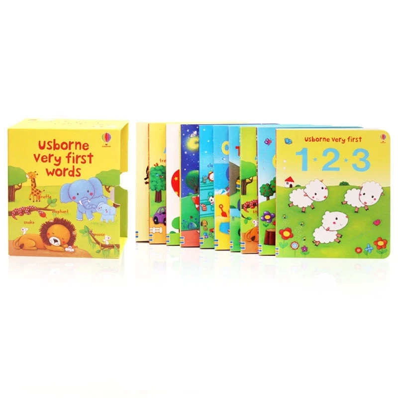 Juego de 10 libros en inglés de Usborne, libro de tablero de tapa dura con palabras muy primeras, juguete educativo para niños