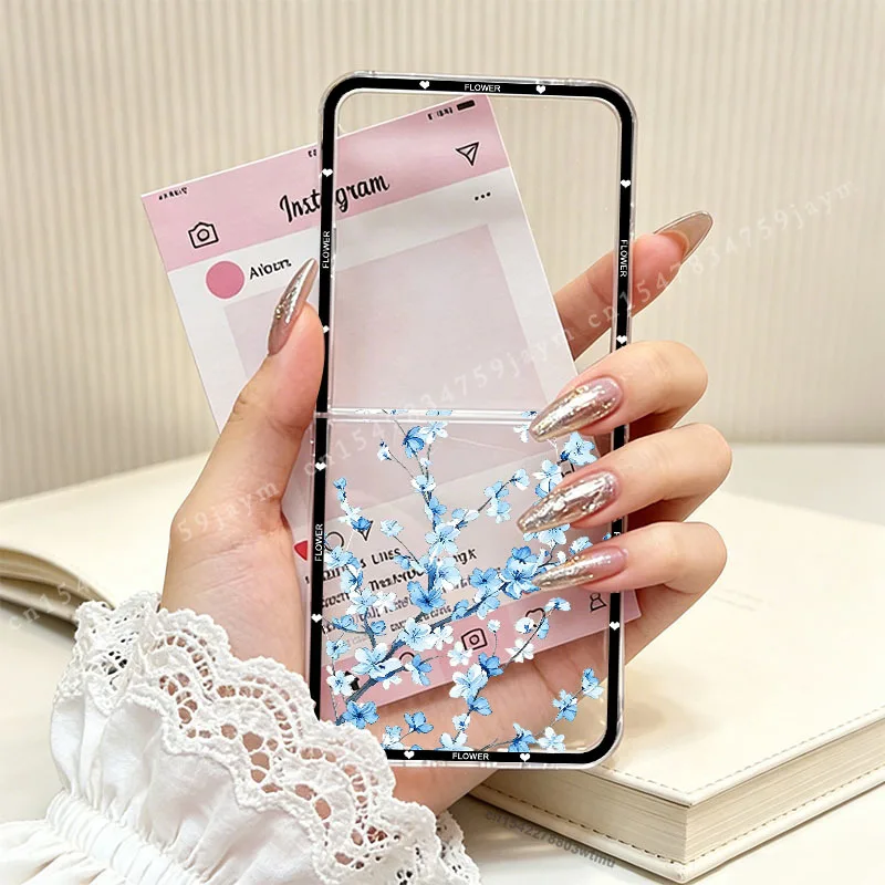 Für ZFlip 8 Kirschblüten Rosa Blumen Handyhülle für Samsung Galaxy Z Flip 8 7 6 5 4 3 Flip7 Z Flip8 Blaue Blumenmuster Harte PC-Hülle – Detail 1