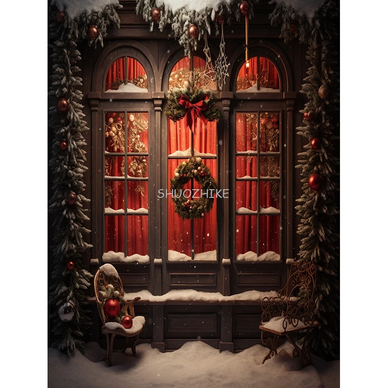 빈티지 크리스마스 날 사진 배경 소품 벽난로, 겨울 크리스마스 트리 장식, 꽃 화환 나무 문짝 배경 JL-01