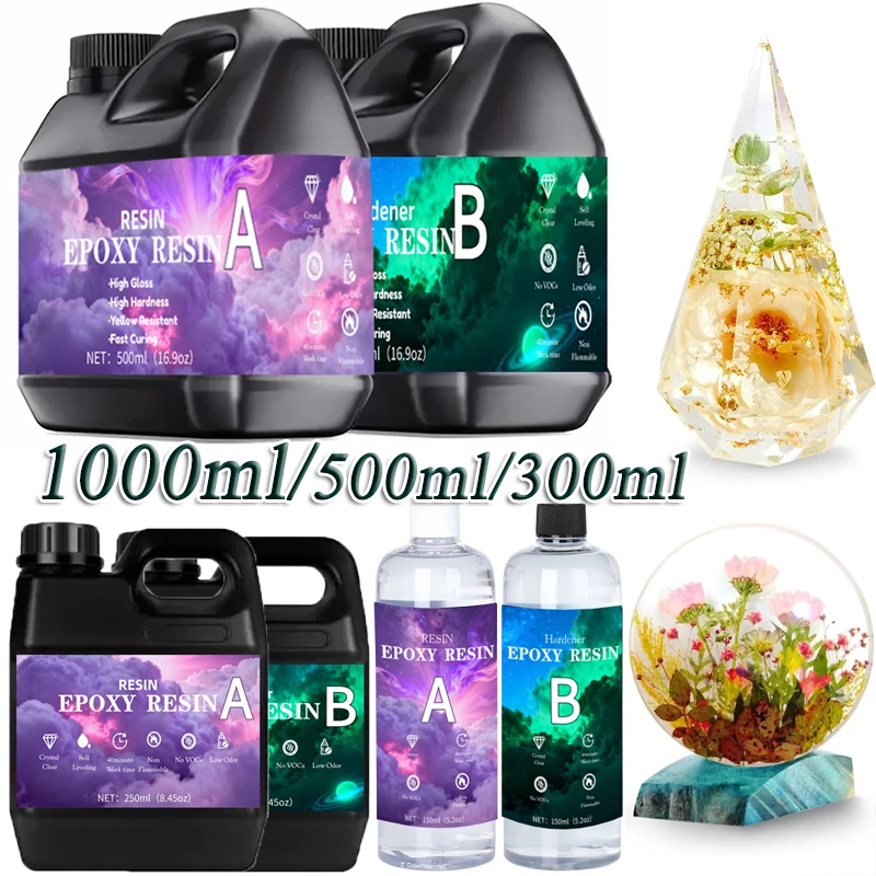 

1000ml/500ml/300ml 1:1 AB Resin Epoxy Sets Crystal Clear High Gloss Resists Yellowing Scratch Resistant Durable High Hardness