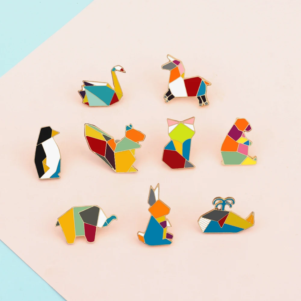 Cute Colorful Origami Animal Enamel Pin Cartoon Cat Rabbit Bunny Bear Penguin Whale Brooches Backpack Lapel Badge Gift Wholesale