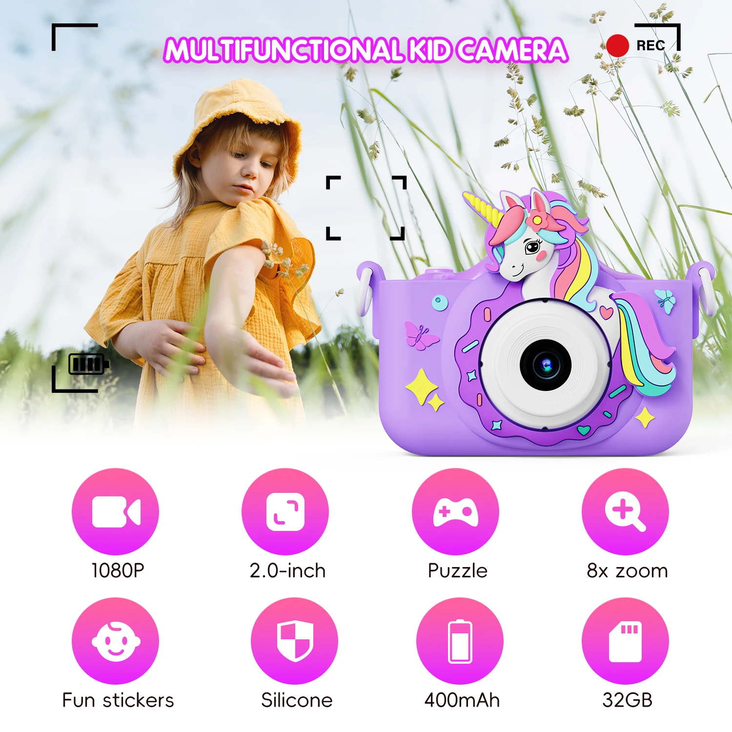 Kid Mini Camera With 32G Card 1080P Cartoon Selfie Toddler Digital Video Camera Toys for Boys Girls Christmas Birthday Gifts