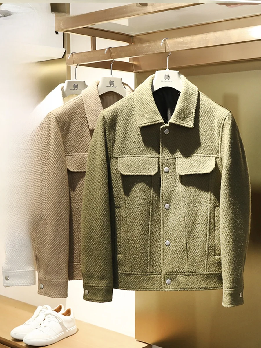 

Мужское зимнее шерстяное пальто в стиле ретро с утепленным воротником, короткое твидовое пальто, однотонное, на пуговицах, бренд Доктор Хуан