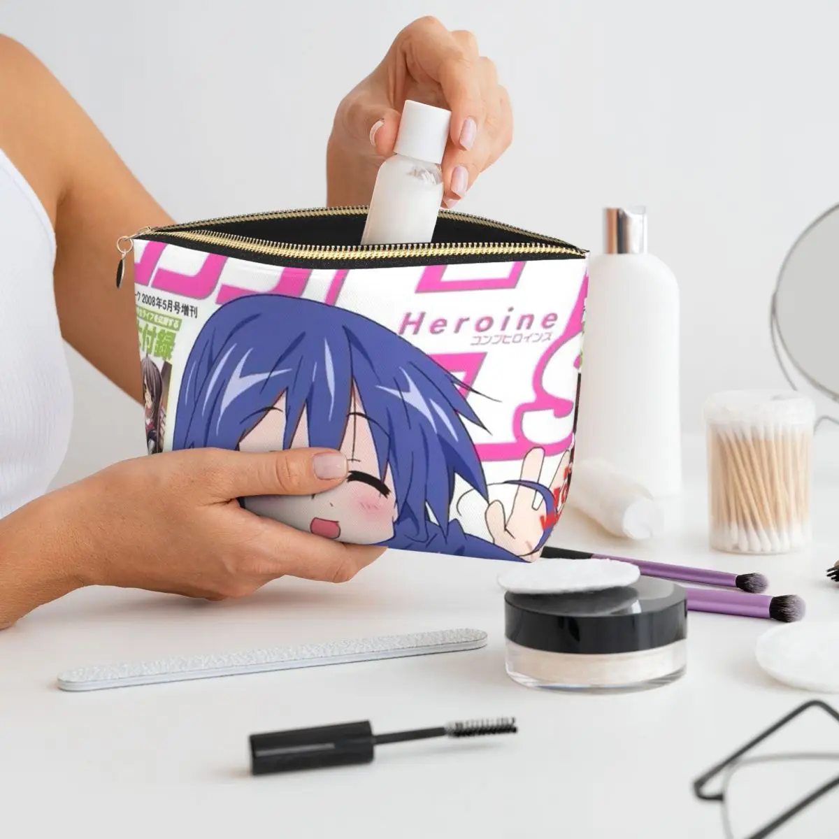 Lucky Star Campus Anime Cartoon Women Cosmetic Bags Travel Makeup Organizer Pouch Toiletry Storage Dopp Kit Box