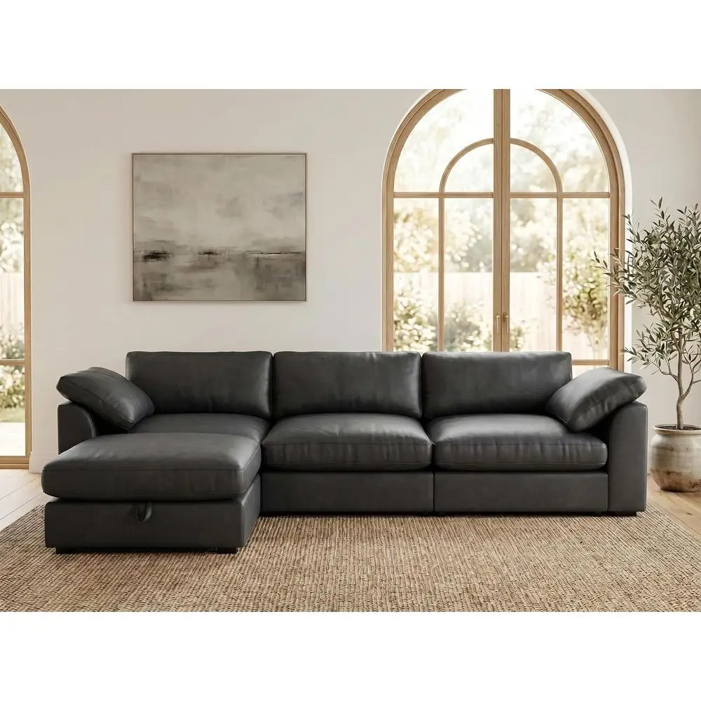 

120 Oversized L-Shaped Cloud Sectional Sofa for Living Room, Storage Ottoman, Premium Leather, Down-Filled Seat, Easy Assembly,