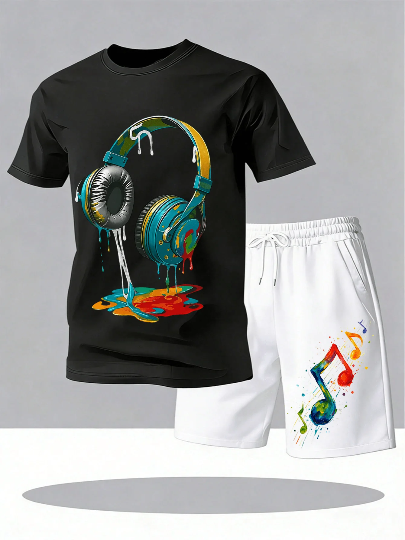 

Mens Colorful Headphone Graphic T-Shirt And Shorts 2 Piece Set Streetwear Festival Outfit