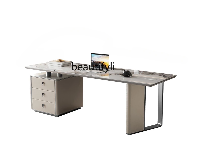 Light Luxury Stone Plate Saddle Leather Desk Study Designer Living Room Home Desk Student Study and Bedroom Computer Desk