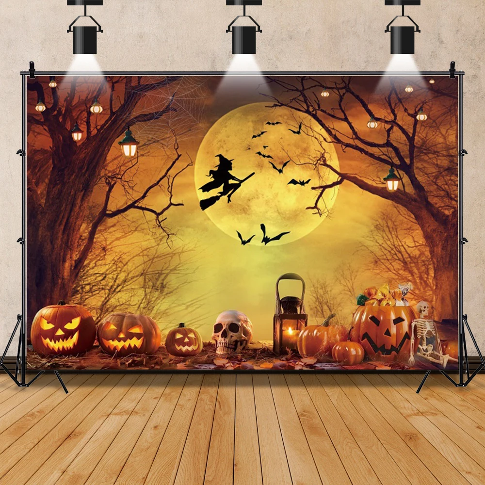 Laeacco Halloween Backdrops Photography Castle Moon Tomb Pumpkin Lights Witch Party Horror Night Theme Background Photo Studio