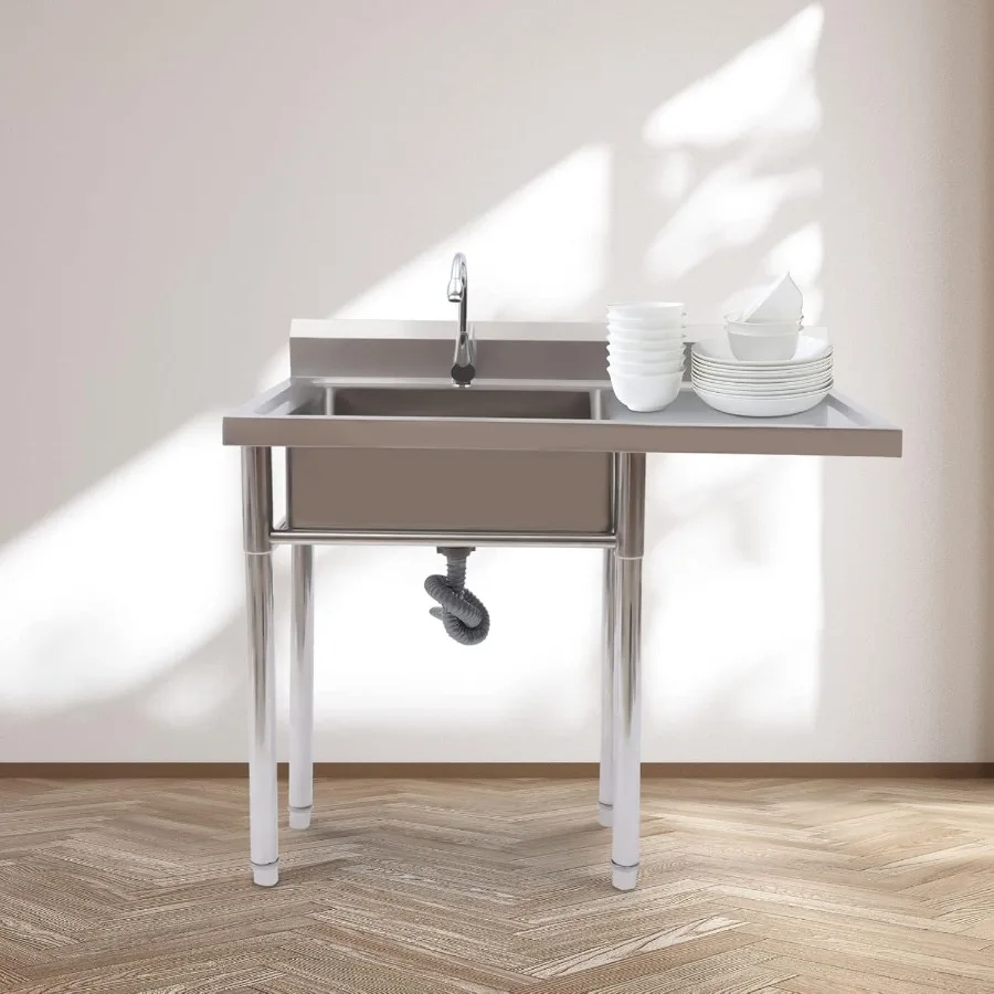 業務用厨房向け自立式シングルボウルシンク（蛇口と水切り板付き、1コンパートメント、ユーティリティ洗浄用）