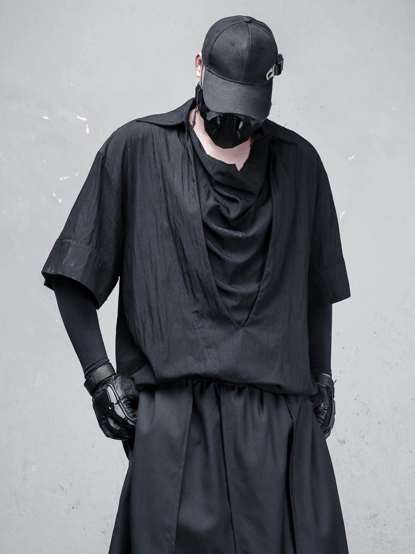 Dark Style Short Sleeve Shirt Men's Summer Thin Ice Sensation Loose Fit Stand Collar Fake Two-Piece Design Fashionable Top