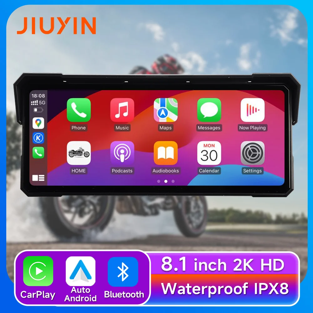 8.1 ''motorfiets multimedia speler draadloze CarPlay Android Auto 2K HD GPS navigatie videorecorder IPX8 waterdicht scherm BT