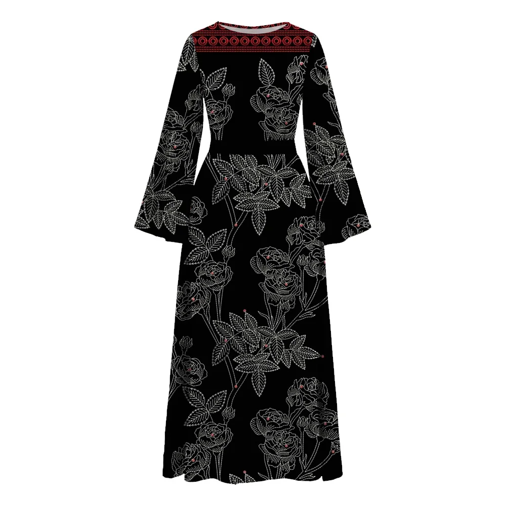 Women Stylish Floral Printed Maxi Dress Muslim Abaya Ramadan Eid Mubarak Robe Elegant Long Sleeve Casual Vestidos Kaftan IsIamic