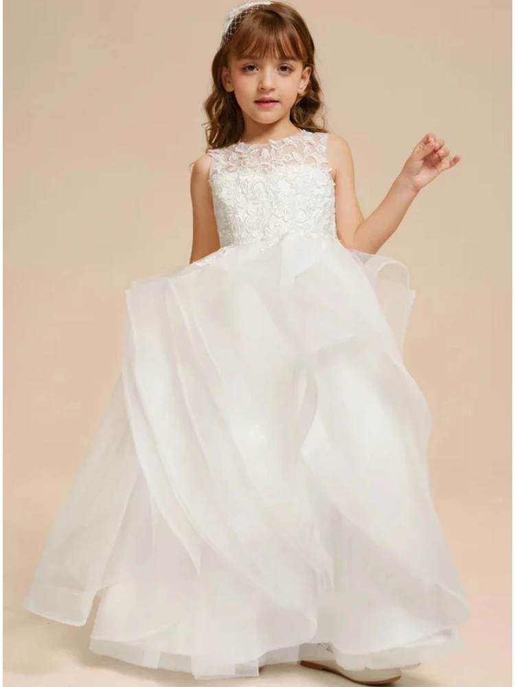 White Flower Girl Dresses Tulle Appliques Tiered Sleeveless For Wedding Birthday Party Occasion First Communion Gowns