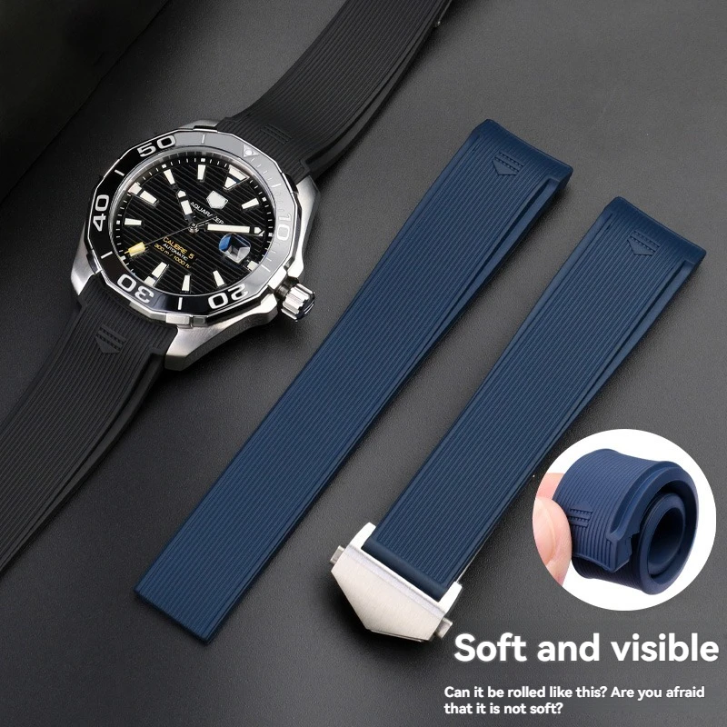 حزام ساعة من مطاط السيليكون الناعم مقاس 22 مم لـ Tag Heuer Carrera/Aquaracer 300 (Fit WAY201A WAY211C) - حزام بديل متين