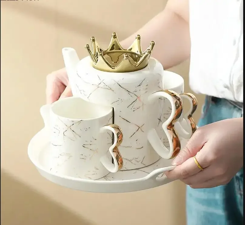 

Imitation Marble Ceramic Tea Set One Pot Two Cups with Tray Couple Coffee Cup Nordic Office Home Kettle