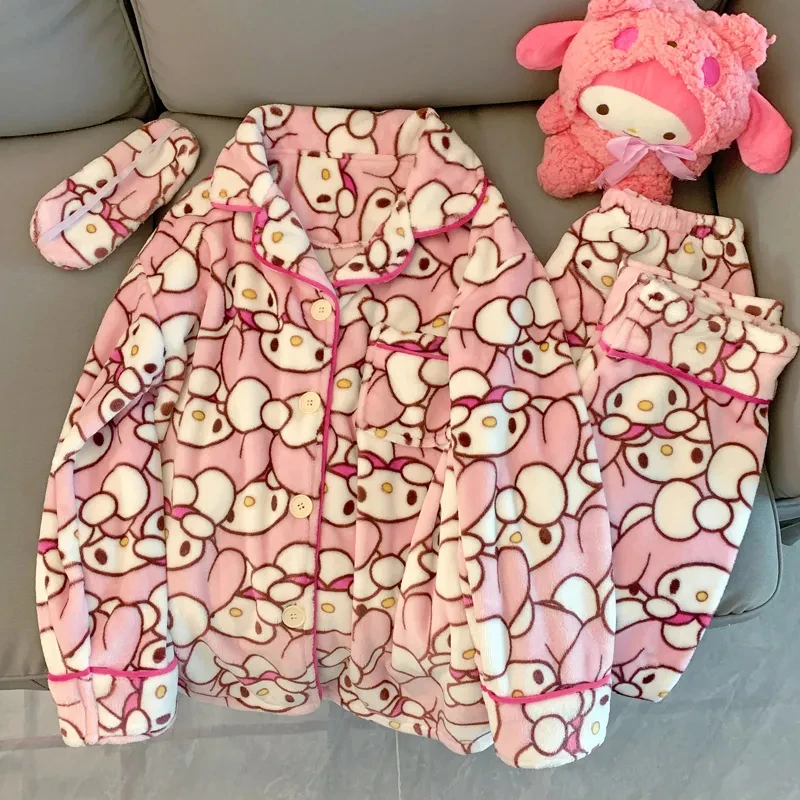 Winter Women's Hello Kitty Pajama Set Cartoon Flannel Pajamas Thickened Fluffy Plush Warm Comfortable Loose High Quality