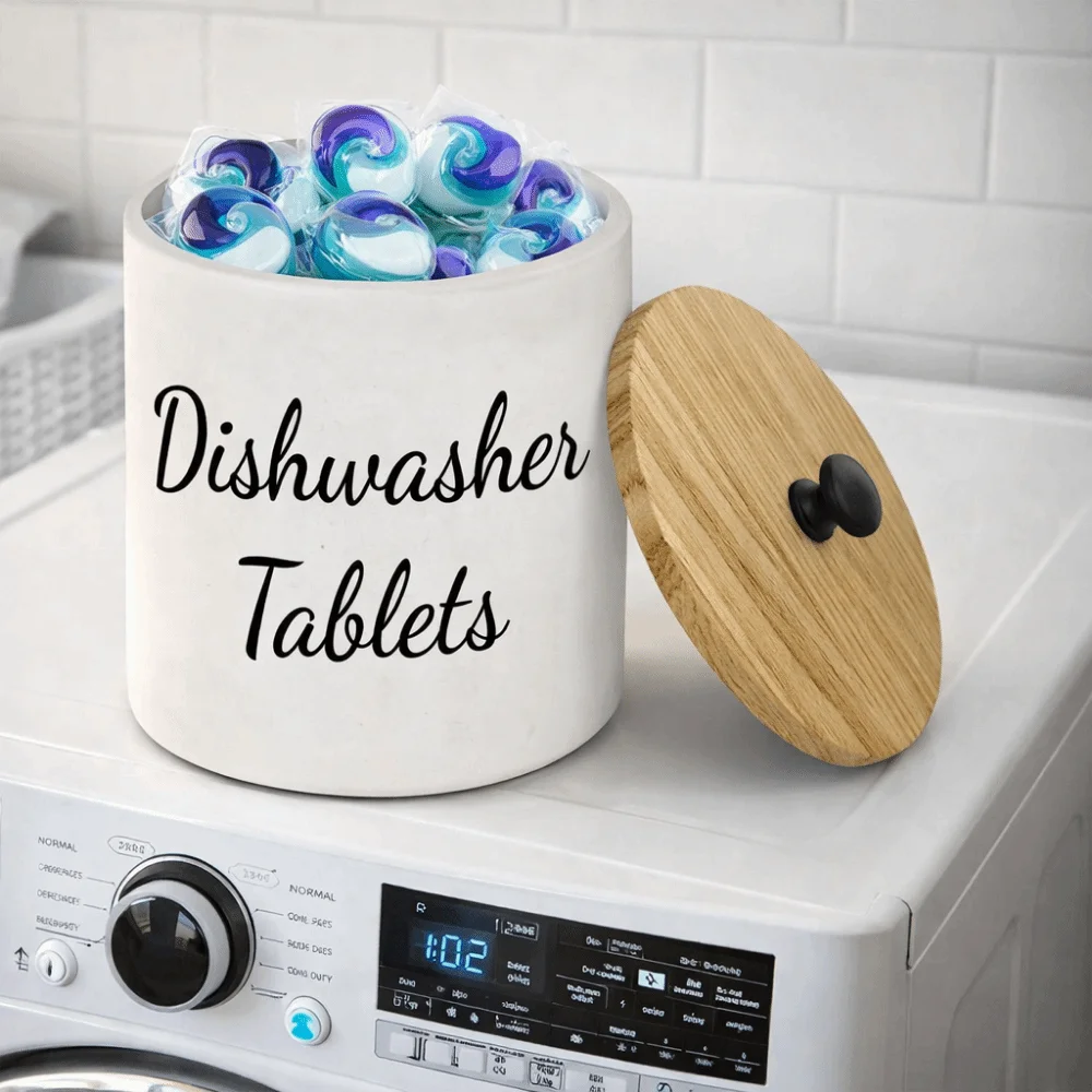 Wood Dishwasher Tablet Container Wide Opening Large Capacity Dishwasher Pod Container Round Sealed Kitchen Storage Box Bathroom