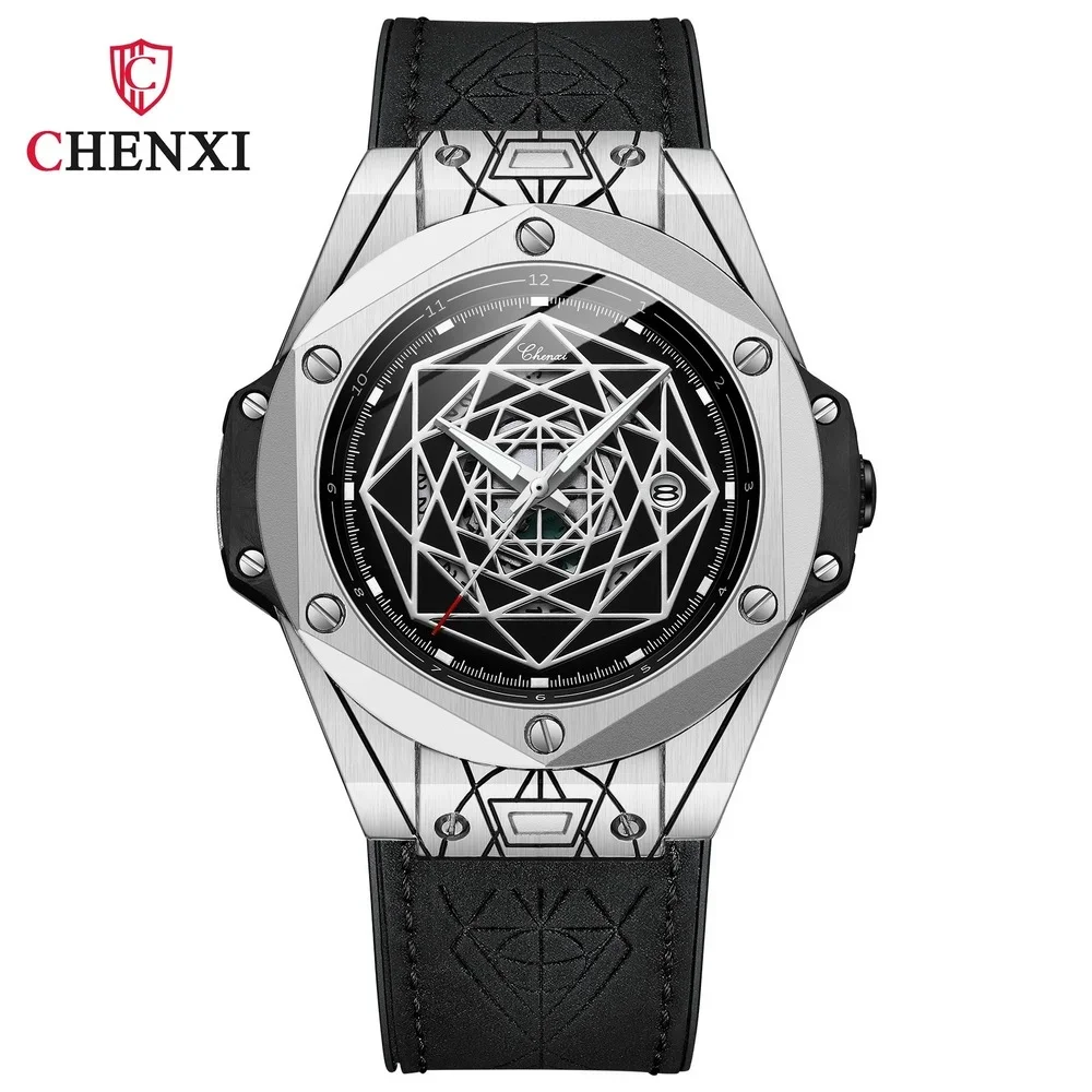 CHENXI New Fashion Men Sport Watches Waterproof Large Dial Luminous Watch for Men Leather Strap Calendar Wristwatch Male Relogio