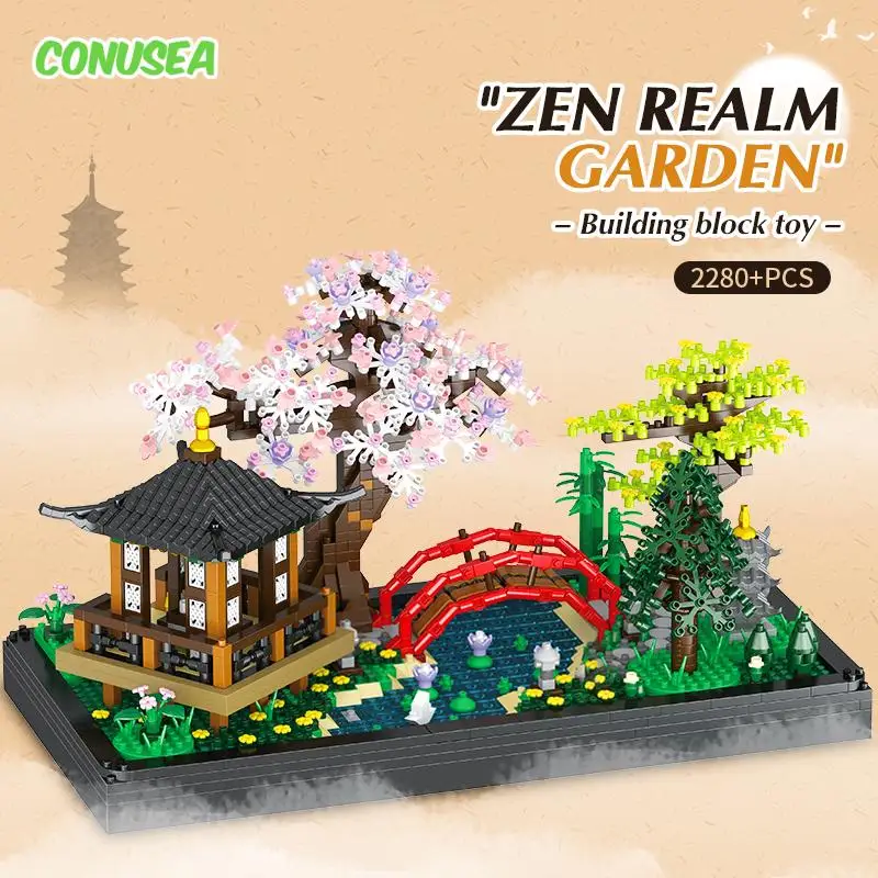 

Architecture Building Blocks Ancient Chinese Zen Realm Garden Pavilion Model Antique Ornaments Assemble Flower Bricks Set Toys