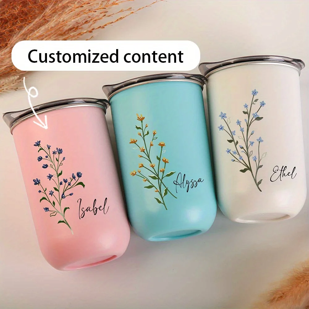 Custom Name Forget Me Not Floral Stainless Steel Tumbler,Personalized Mini Insulated Travel Coffee Cup Portable Thermal Mug Gift