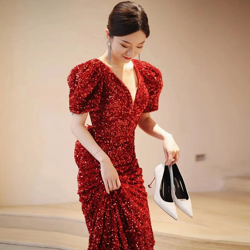 

Elegant Fish Tail Evening Gown for Women Wedding Dress Sexy mid Waist Long Skirt Short Sleeve Bright Sparkling Sequins Cockta...