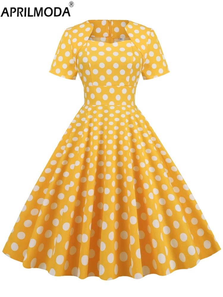 

2025 Polka Dot Print 1950s Women Cotton Dress Retro Clothing Sweetheart Neck Short Sleeve Summer A-Line Vintage Midi Dresses