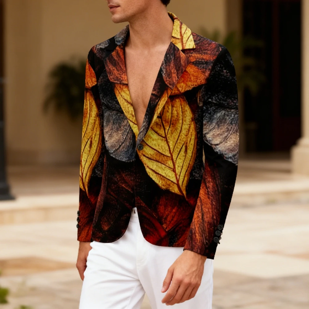 

Autumn Leaf Swirl Art Printed Men Blazer Single-Button Notch Lapel Jacket for Fall Weddings Parties and Smart Casual Occasions