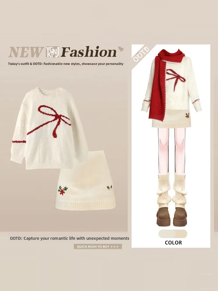 

Winter Cisas Sweet Bow Knot Knitted Sweater A-Line Skirt Set Women's Preppy Sle Faion Two-Piece Suit for Ladies