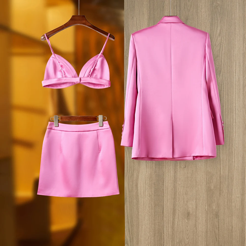 2 Colors Option Good Quality Satin Suit For Women Solid Double-breasted Blazer Minin Skirt With Bra 3Pcs For Lady