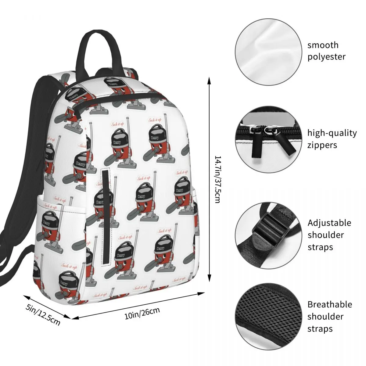 Henry Hoover Suck It Up Sticker Backpack Student BookBag Children School Bag Laptop Shoulder Bags Men Women
