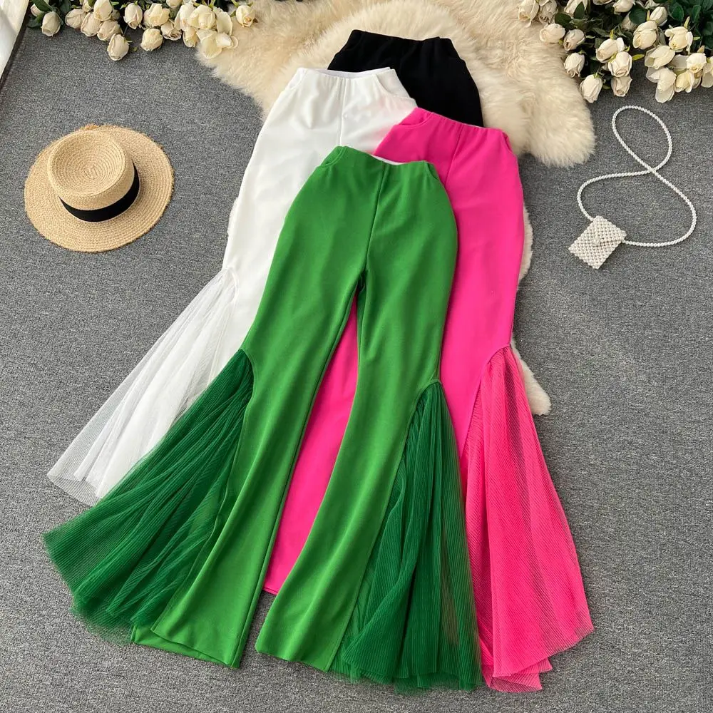 

Europe And America Style Green/Black/White/Rose Red Mesh Patchwork Flare Pants For Women High Waist Wide Leg Trousers New