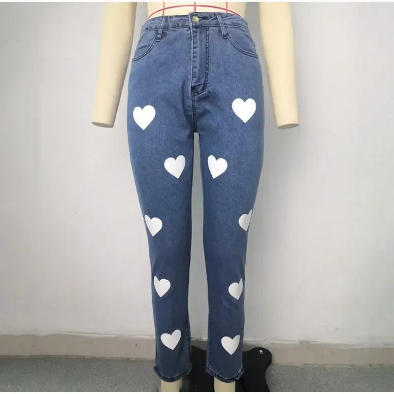 Blue High Stretch Sexy Skinny Pencil Jeans Women's New Y2K Plus Size Printed Heart Shaped Jeans Mommy 2XL Retro 2024 Streetwears