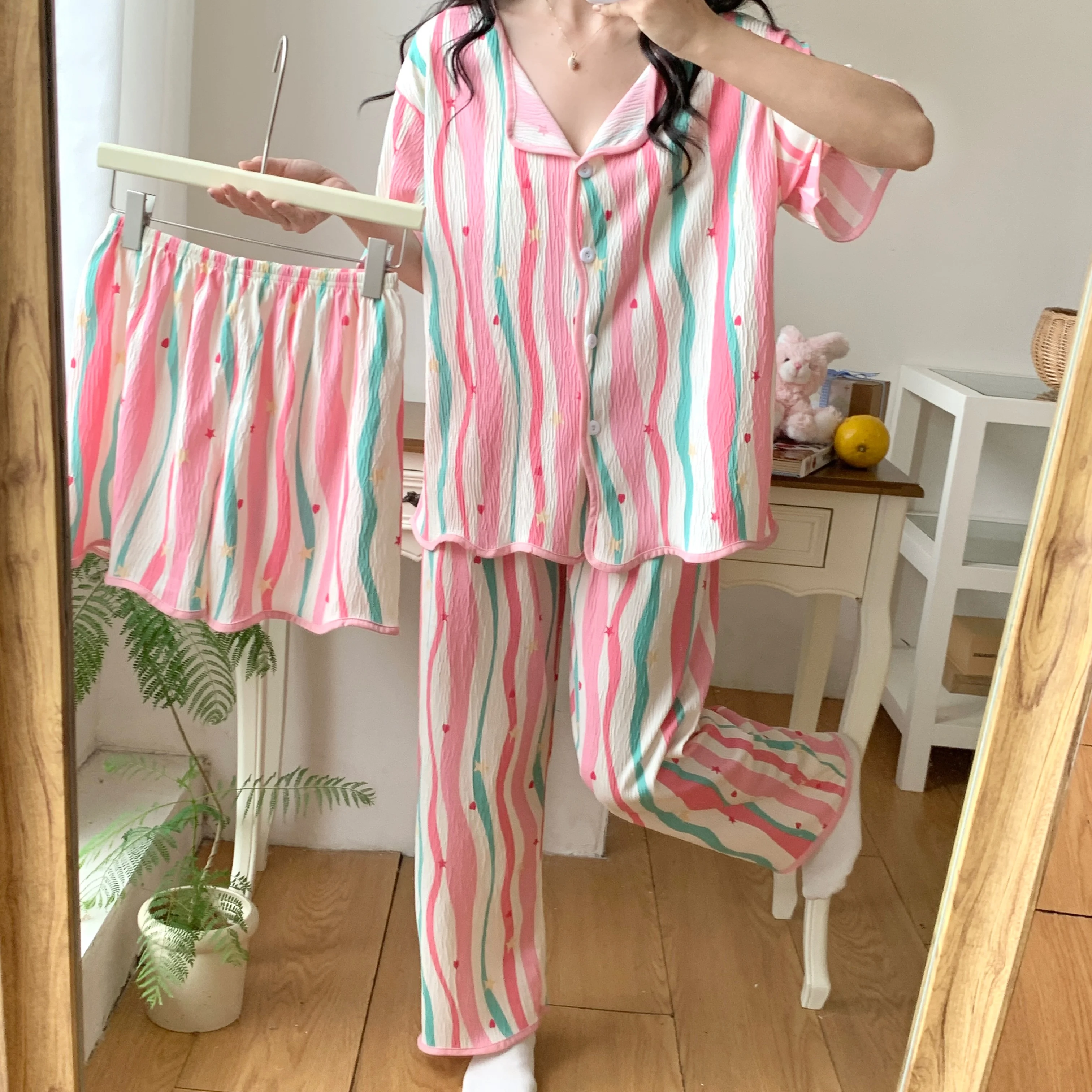 New Women\'s Pajamas Three Piece Ladies Sleepwear Set Stripe V Neck Design Elegant Loose Korea Version Pyjama Large Size Homewear