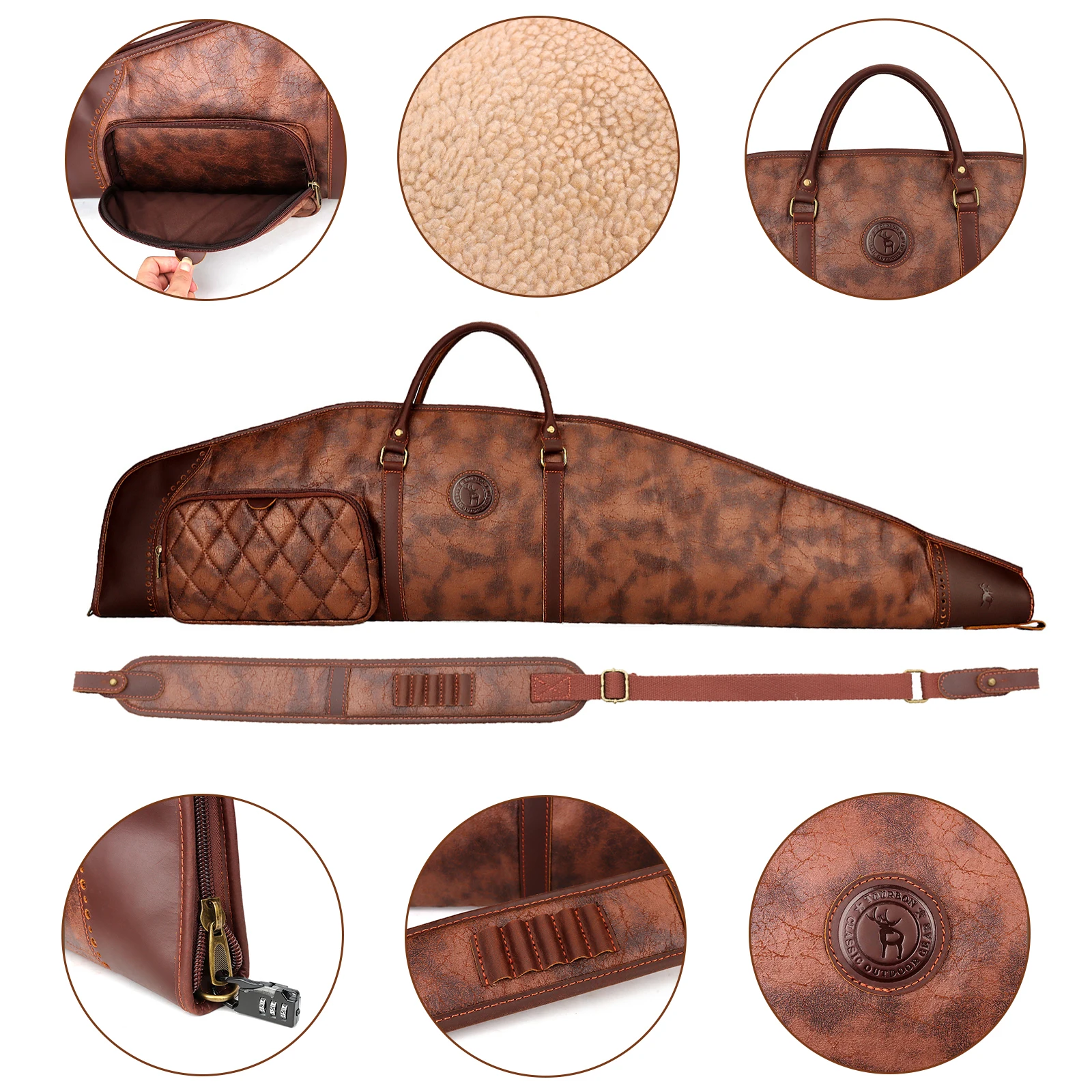 Imagem -05 - Turbon Rifle pu Leather Gun Bolsa Deslizamento Velo Bolsas Acolchoados 123cm com Alça de Ombro Conchas Titular Brown Caça Acessórios Case