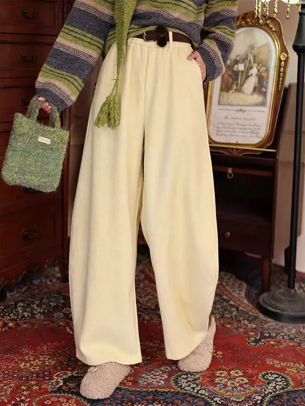 

Ultra Soft Thiened High Waist Fce Lined Rice Noodle Pants Casual Loose Fit All Season Long Trousers Women's Faion