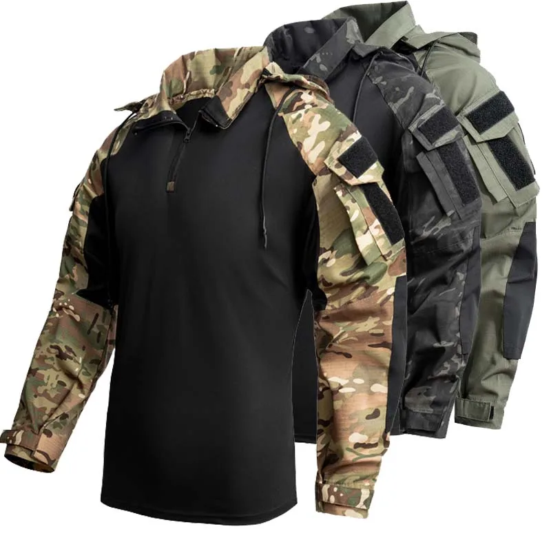 Men's Outdoor Tactical T-Shirts Camo Long Sleeve Climbing Hiking Shirts Hooded Male Tactic Army Combat Shirt Hunting Clothes