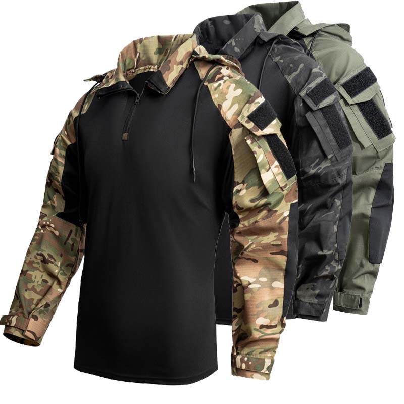  Men's Outdoor Tactical T-Shirts Camo Long Sleeve Climbing Hiking Shirts Hooded Male Tactic Army Combat Shirt Hunting Clothes 