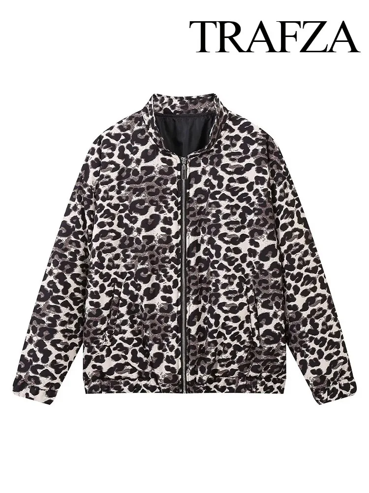 TRAFZA Winter Women Cotton Coats Fashion Leopard Printed Long Sleeves Zipper Decoration Pockets Woman Casual Loose Coat Mujer