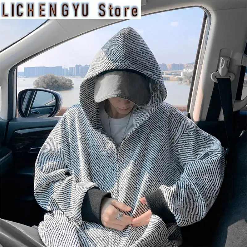 

Autumn Style Clothes Large Size Men's Hoodies Hooded New Street Wear Hong Kong Style Blouse Textured Men's Clothing Zip Coat