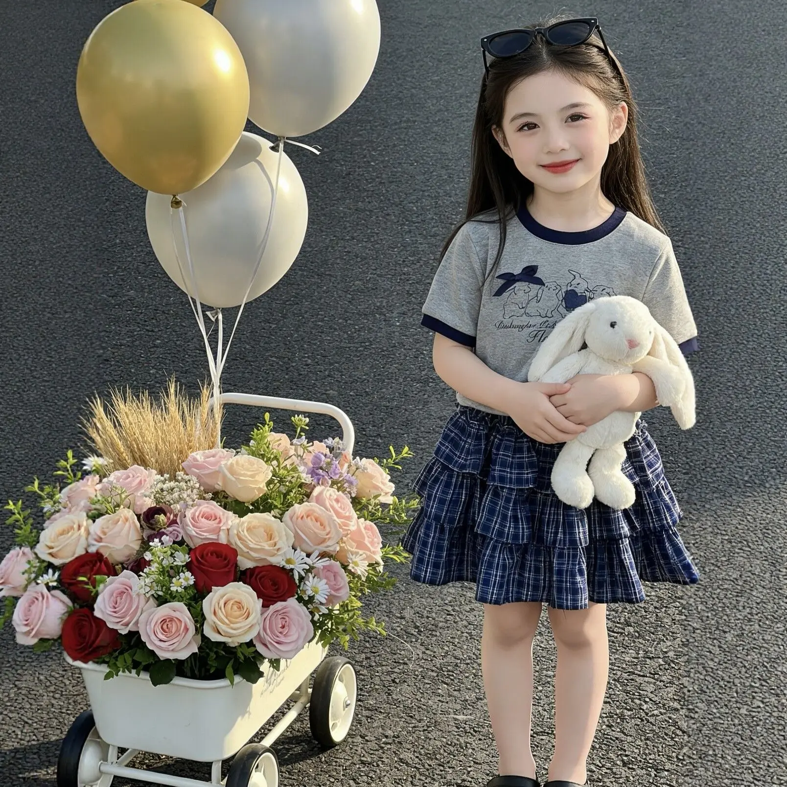 girl's navy blue checkered lace cake dress, summer slimming stylish fashionable children skirt Toddler Kids Princess Skirts