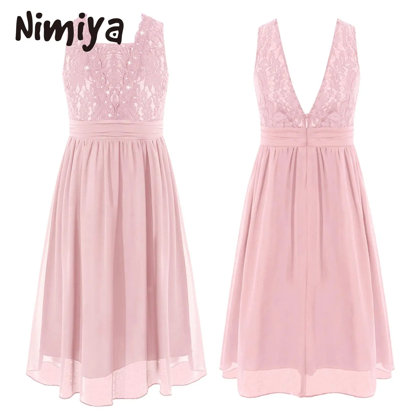 

Nimiya Kids Girls Shiny Lace Bodice Pink Chiffon Long Party Square Neck Dress Sleeveless V-back Pleated Waist Dress for Weddings