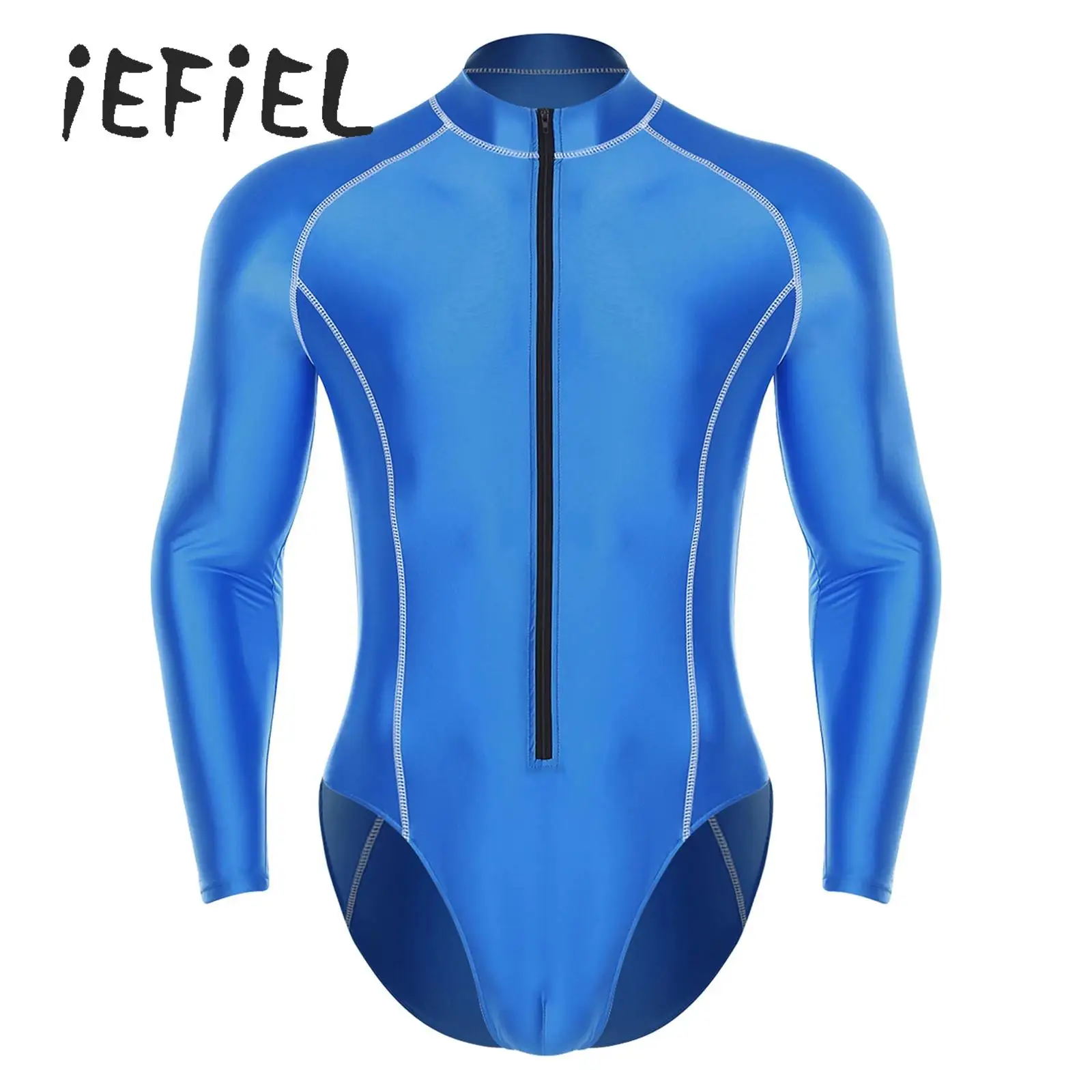 Mens Glossy Bodysuit Long Sleeve Front Zipper Leotard Jumpsuit Rash Guard Swimsuit for Beach Activities Surfing Swimming Workout