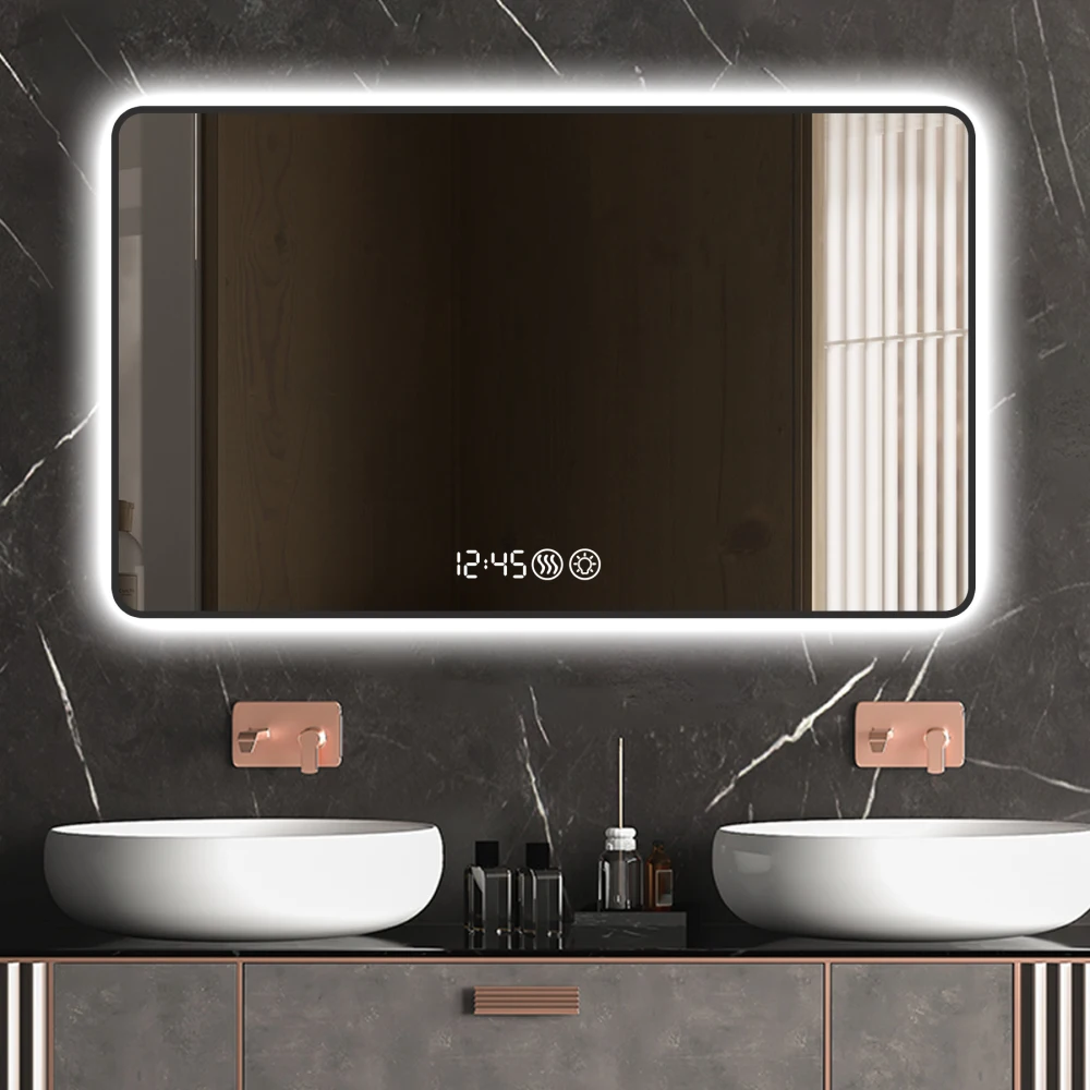 48x32 Black frame wall mirror  with rounded corners vanity mirror, temperature display, tri color light, defogging, high-quality