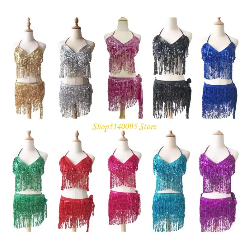 

DXAE 2 шт. комплект костюмов для танца живота, бюстгальтер для танца живота, топы с юбкой с бахромой и блестками