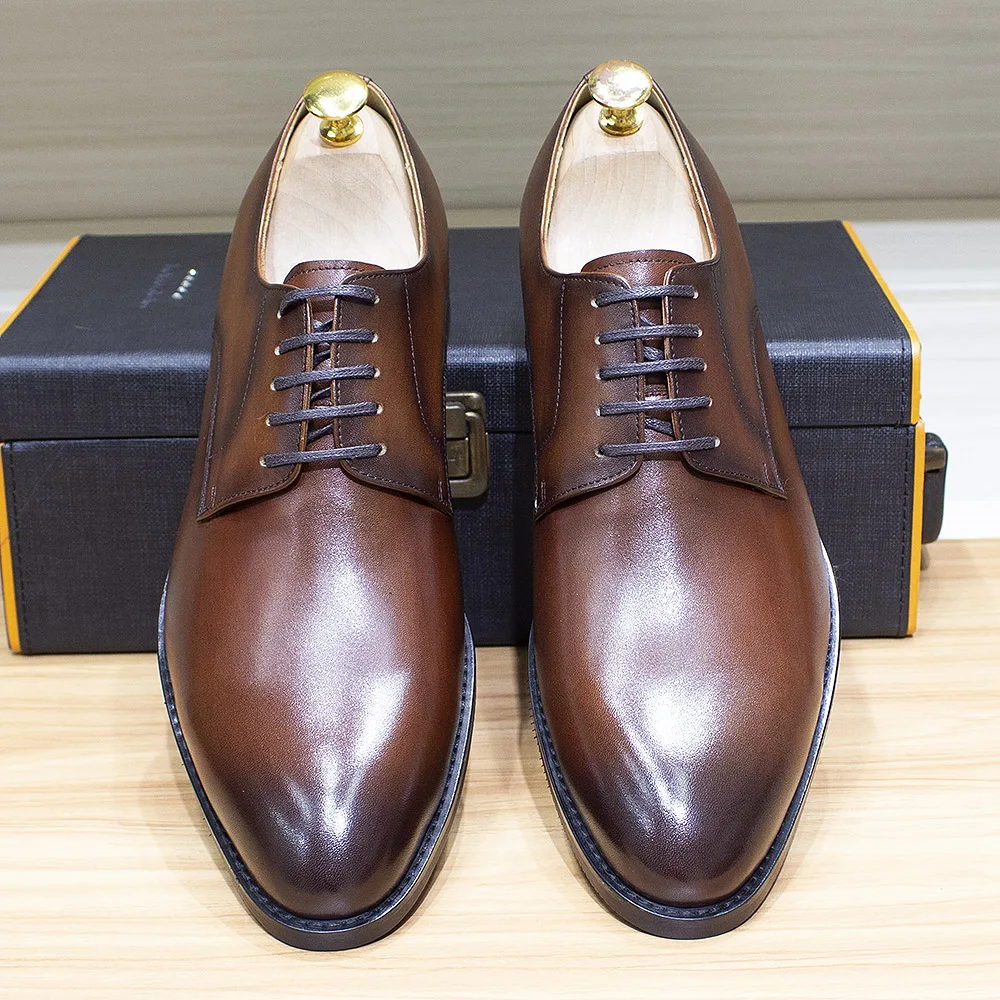 Classic Derby Lace-up Dress Shoes for Men Genuine Leather Handmade Plain Toe Luxury Italian Men's Business Wedding Formal Shoes