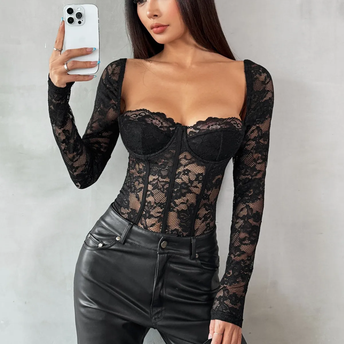 Lace Bodysuits Long Sleeve See-through Mesh Square Neck Shapewear Sexy Lingerie Jumpsuit Thongs Women Fashion Slim Fit Underwear